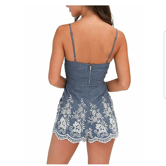 Denim & Lace Floral Romper - Picture 5 of 7